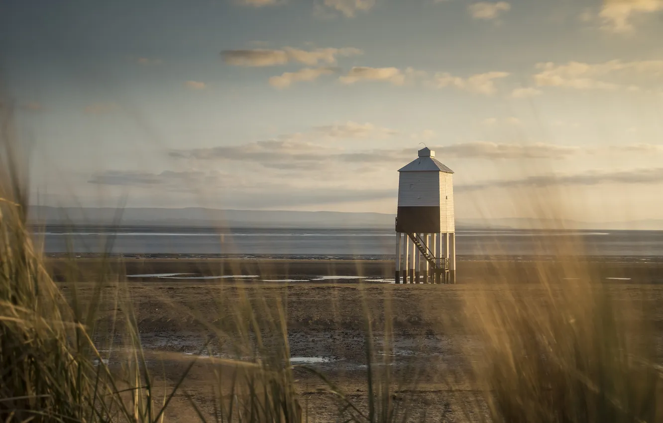 Photo wallpaper beach, the ocean, dawn, tower