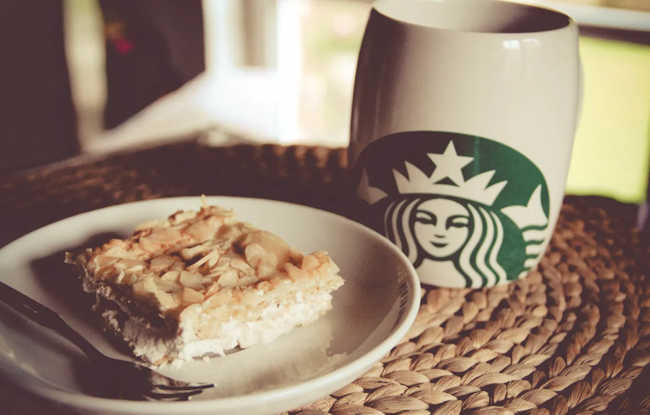 Photo wallpaper logo, plate, pie, mug, Cup, starbucks