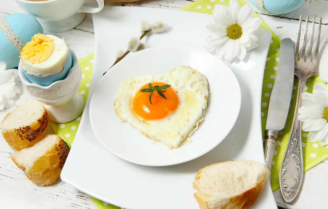 Photo wallpaper flowers, Breakfast, bread, flowers, bread, Breakfast, fried eggs, fried eggs