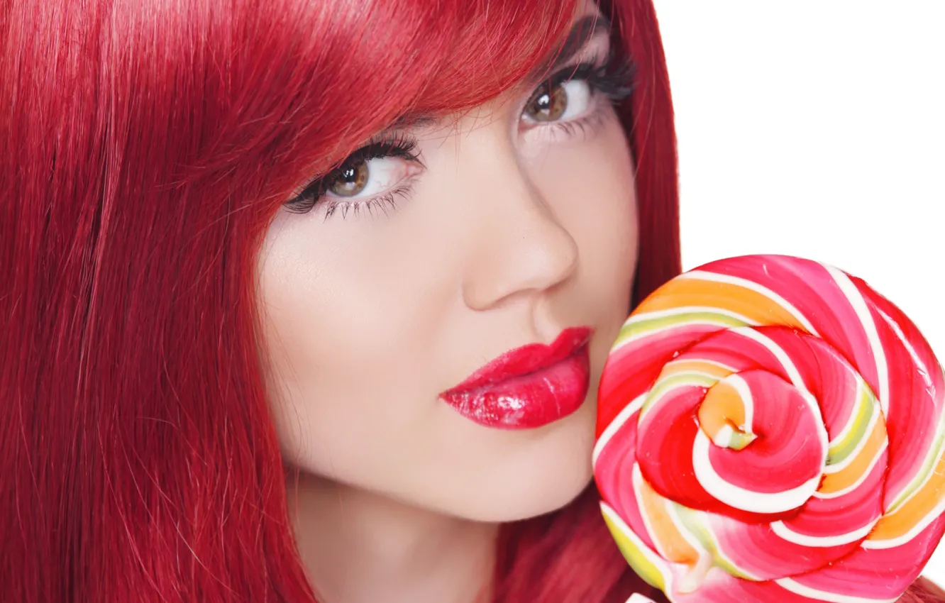 Photo wallpaper look, girl, eyelashes, model, makeup, lips, sweets, lollipops
