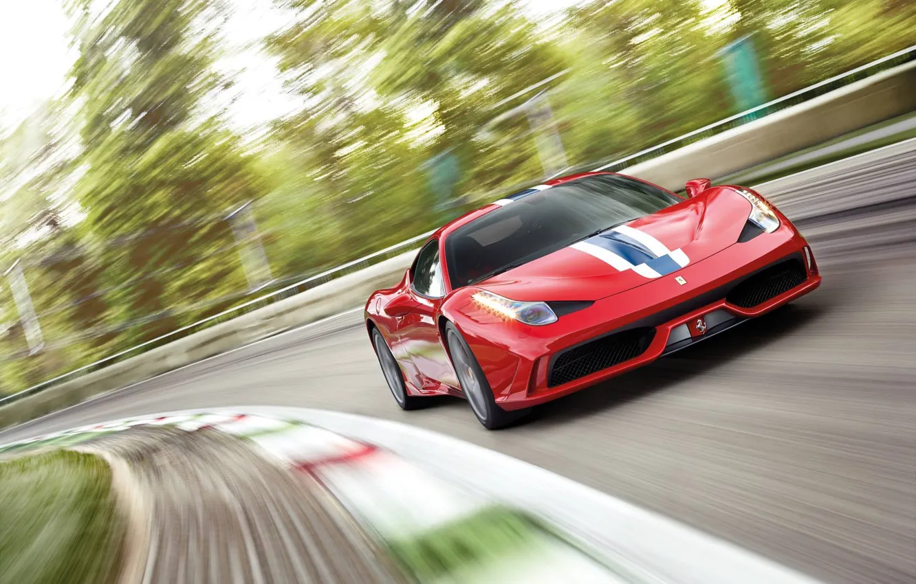 Photo wallpaper Red, Trees, Ferrari, Turn, Ferrari, 458, Speciale, Sports car