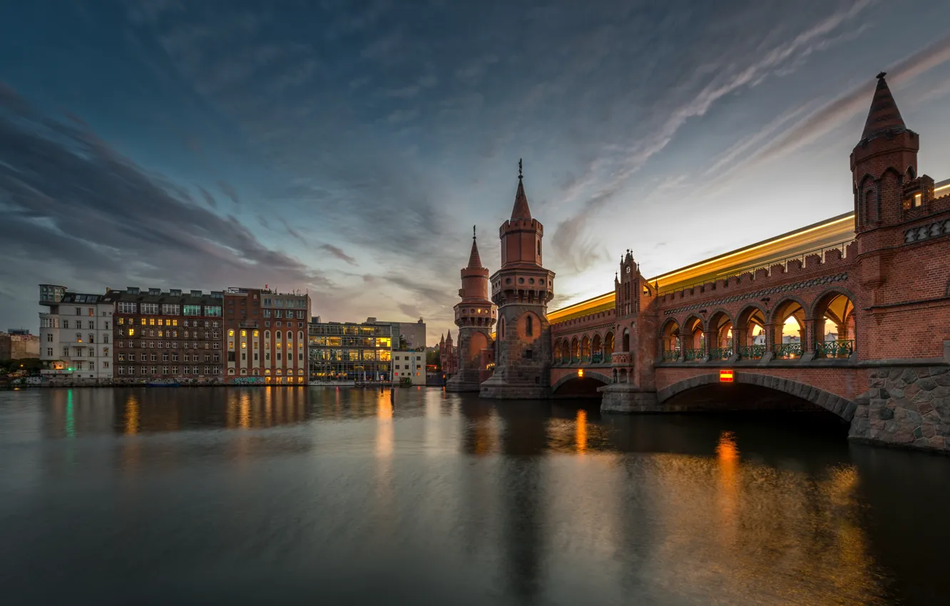 Photo wallpaper the sky, clouds, bridge, river, Germany, Berlin, Spree, The upper tree bridge