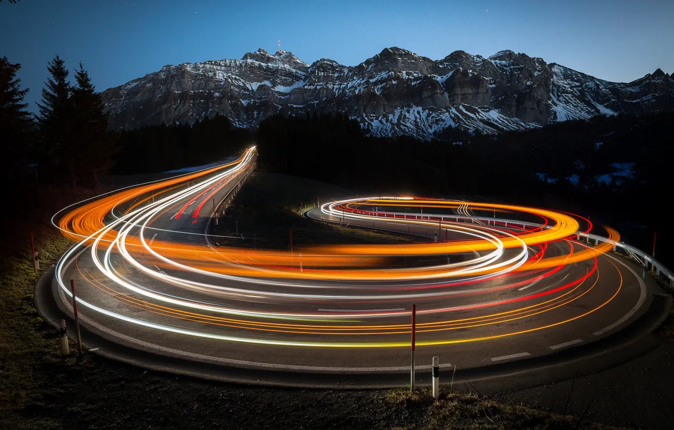 Photo wallpaper road, light, mountains, night, excerpt