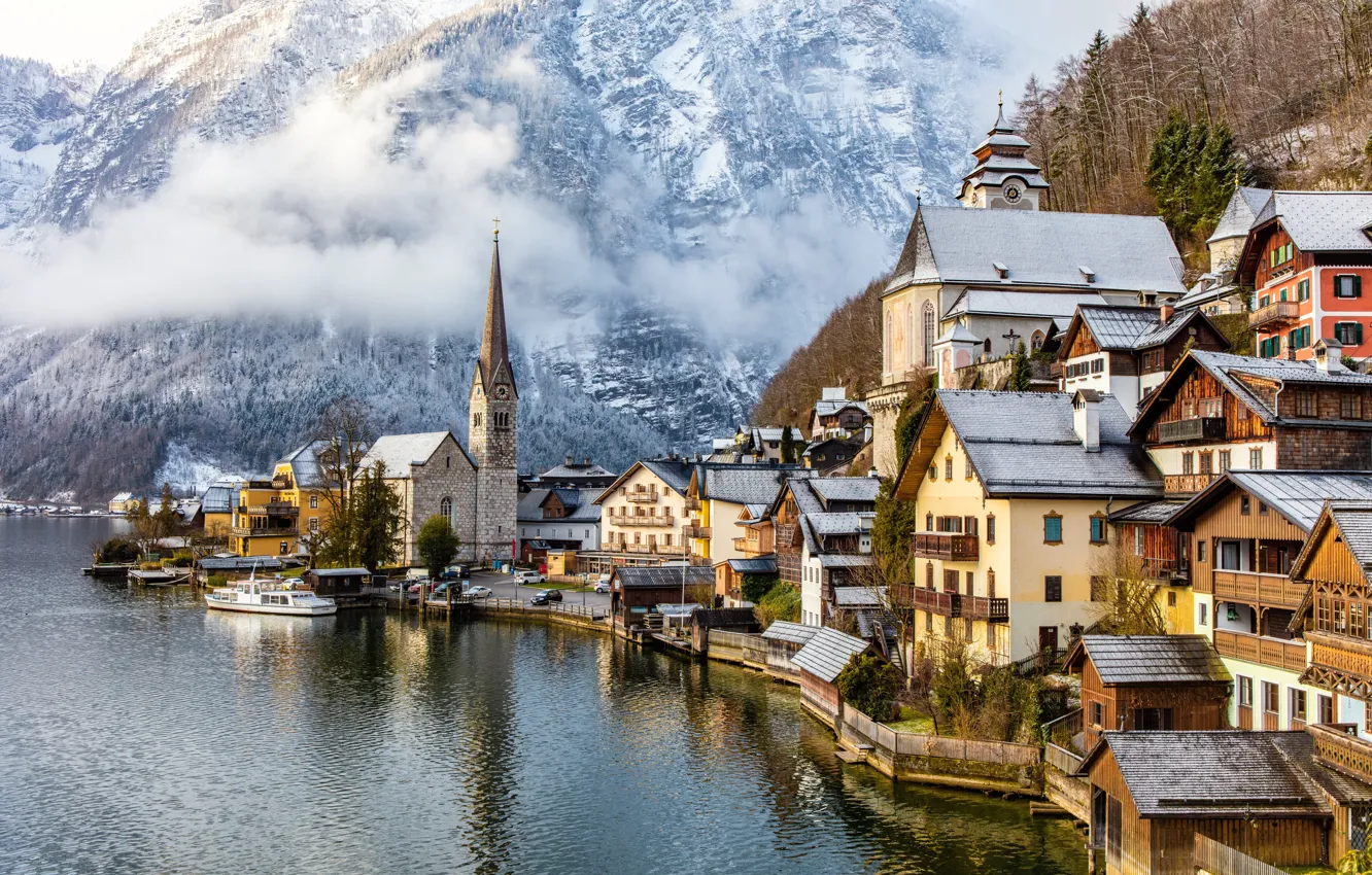Photo wallpaper mountains, lake, home, Austria, Alps, Austria, Hallstatt, Alps