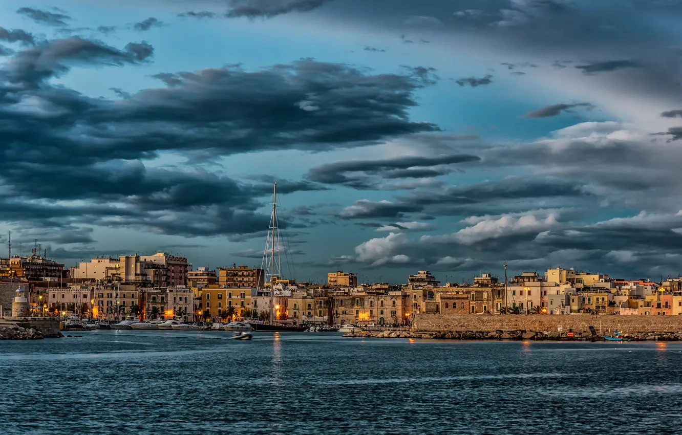 Photo wallpaper sea, the sky, clouds, lights, home, yachts, the evening, Italy