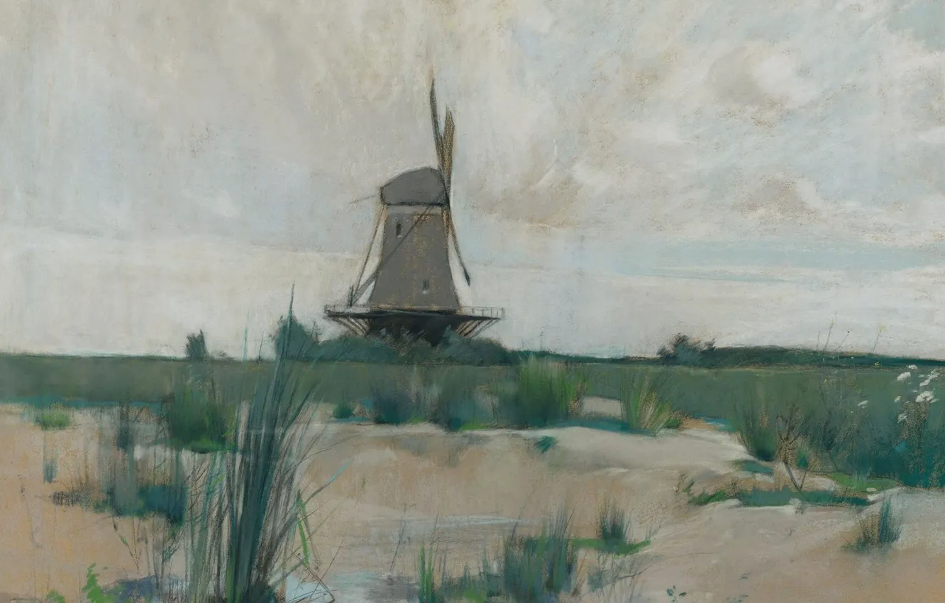 Photo wallpaper landscape, picture, windmill, John Henry Twachtman, John Henry Twachtman
