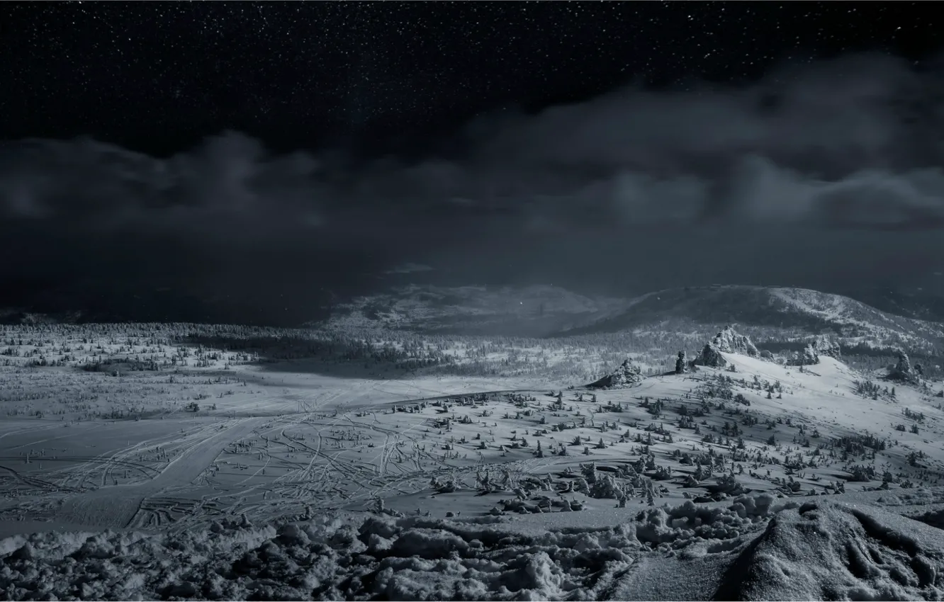 Photo wallpaper winter, snow, night, Sheregesh, Kemerovo oblast, Kalar highlands