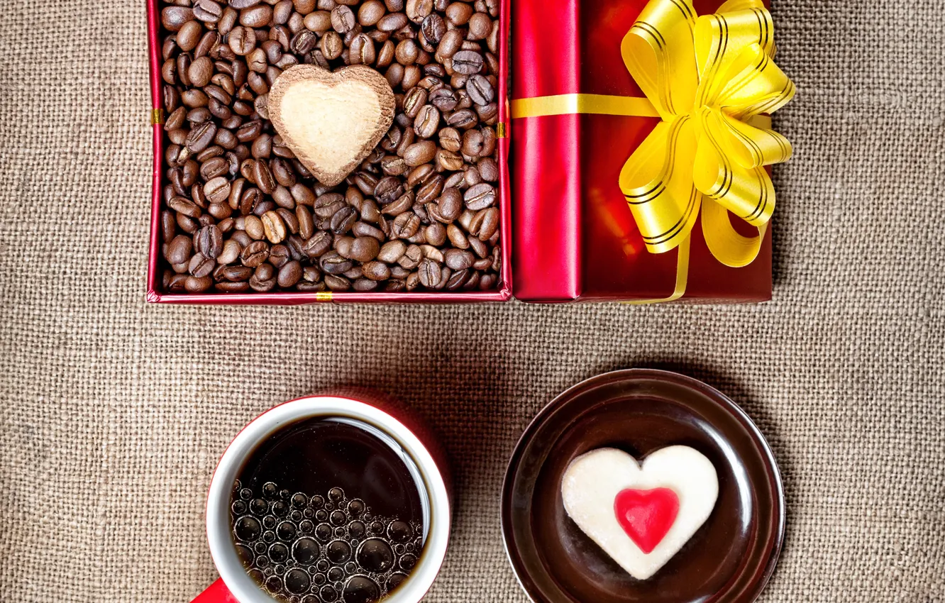 Photo wallpaper holiday, box, gift, heart, coffee, grain, Cup, cake