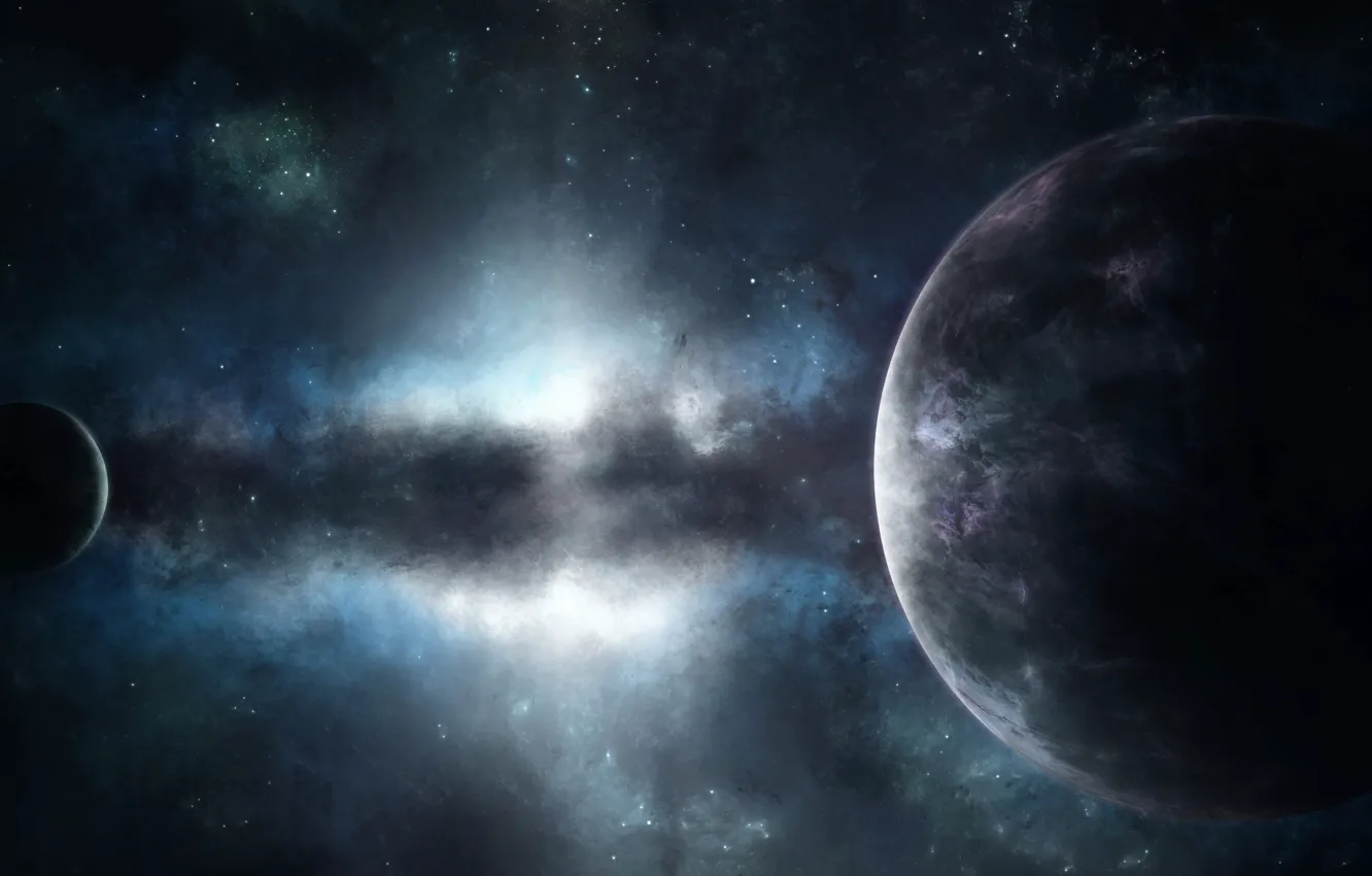 Photo wallpaper space, stars, nebula, planet, satellite, glow