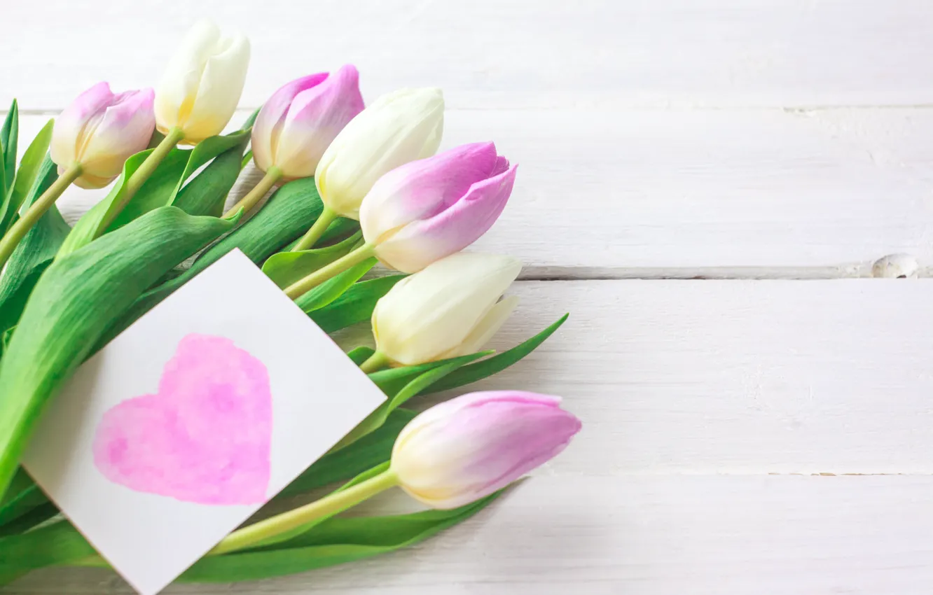 Photo wallpaper love, flowers, heart, bouquet, tulips, love, pink, heart