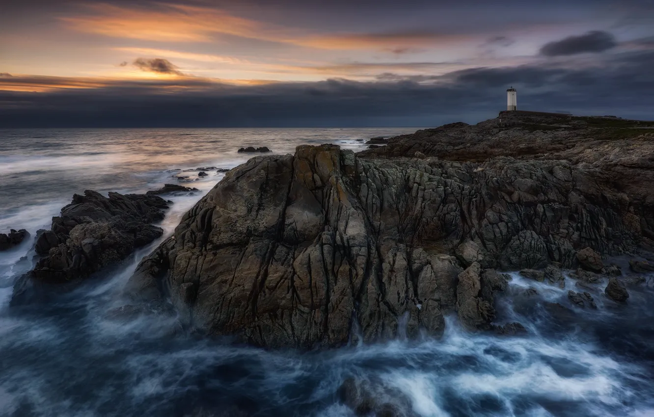 Photo wallpaper sea, the sky, clouds, stones, overcast, rocks, shore, lighthouse