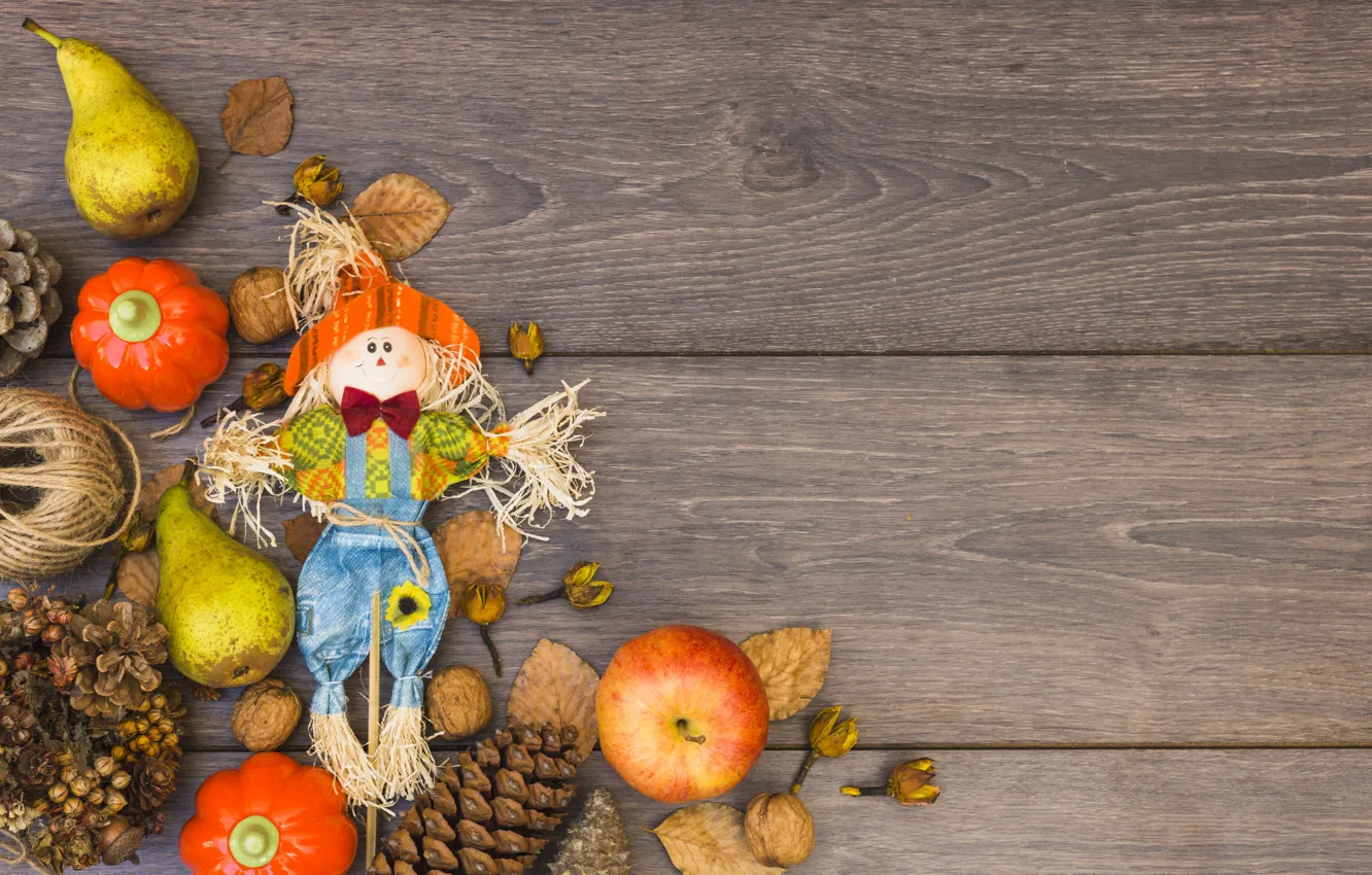 Photo wallpaper autumn, leaves, apples, fruit, nuts, pear, wood, autumn