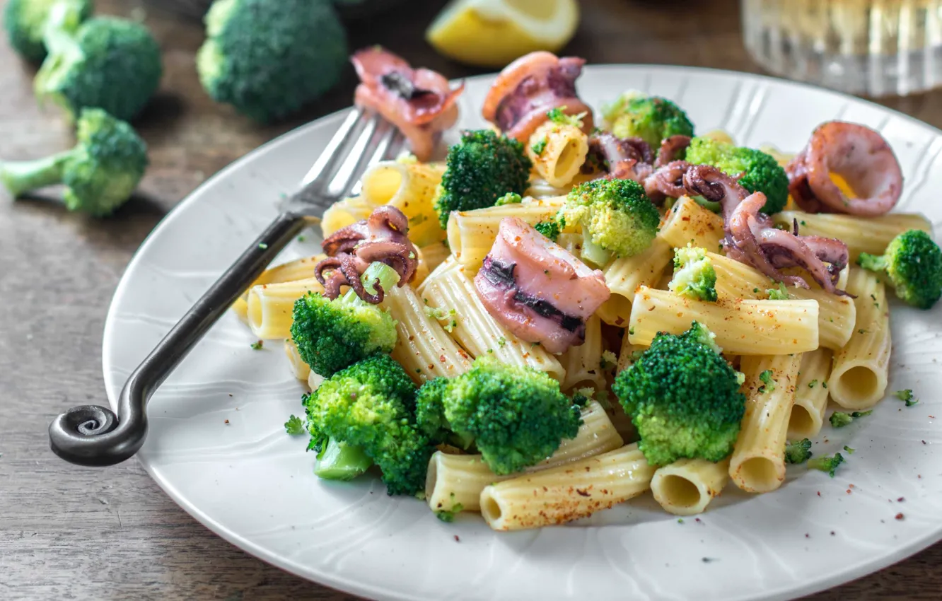 Photo wallpaper broccoli, squid, pasta