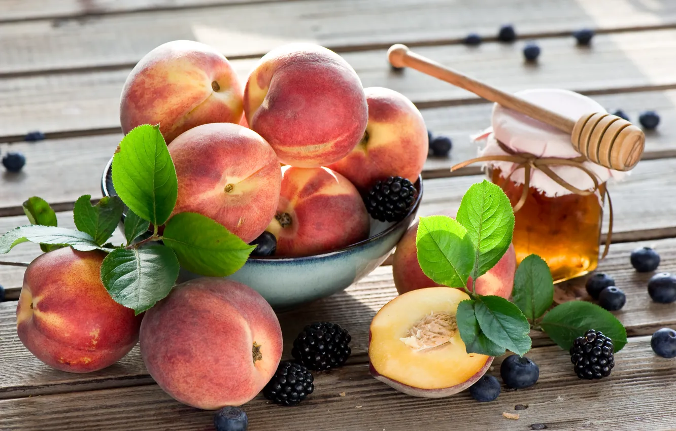 Photo wallpaper berries, honey, peaches