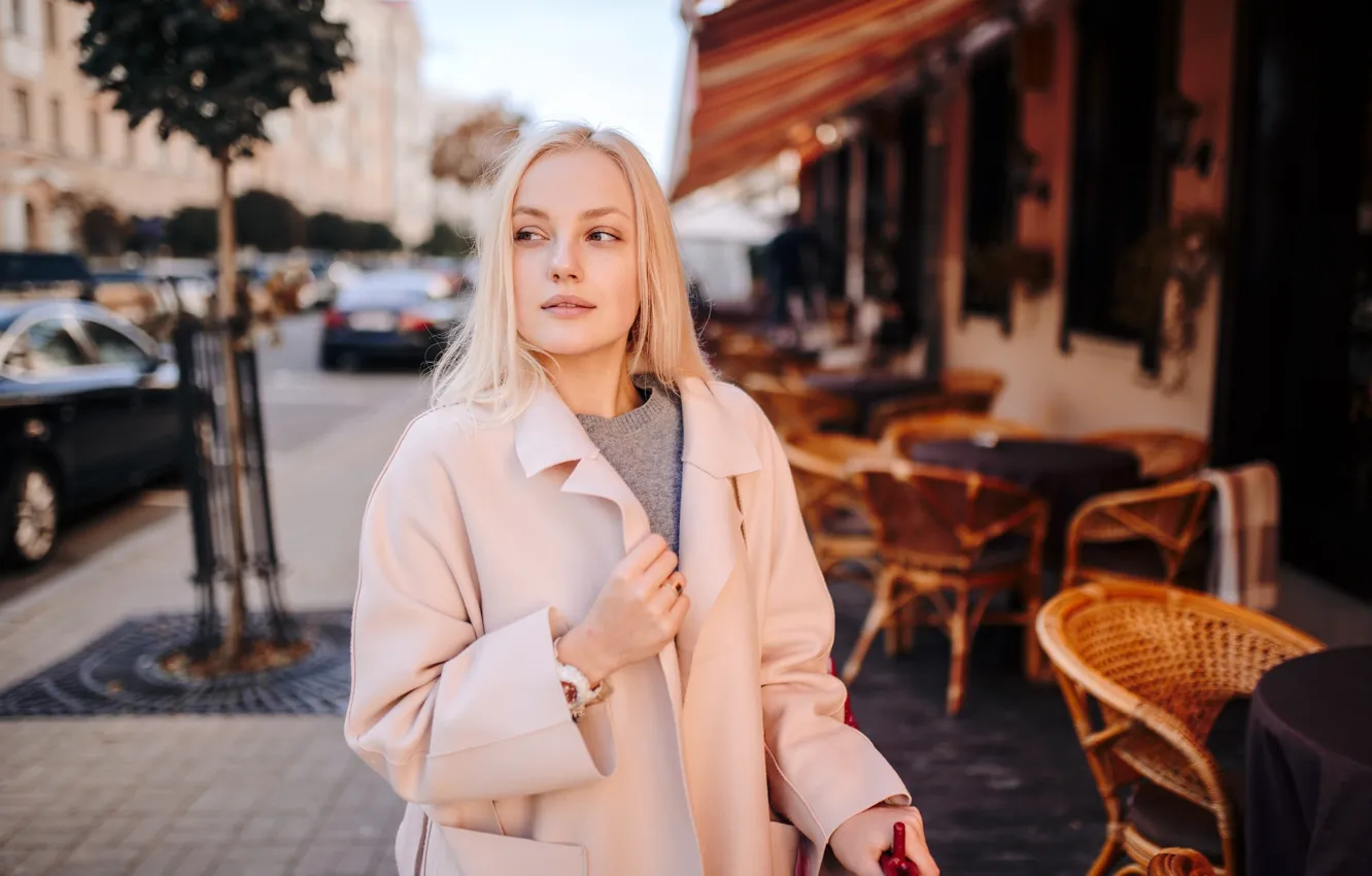 Photo wallpaper model, portrait, makeup, hairstyle, blonde, beauty, coat, bokeh