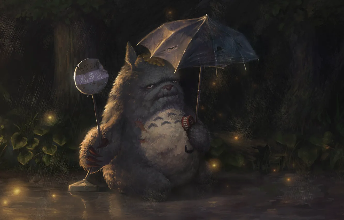 Photo wallpaper umbrella, grandpa, Totoro, Totoro, dentures, torn umbrella