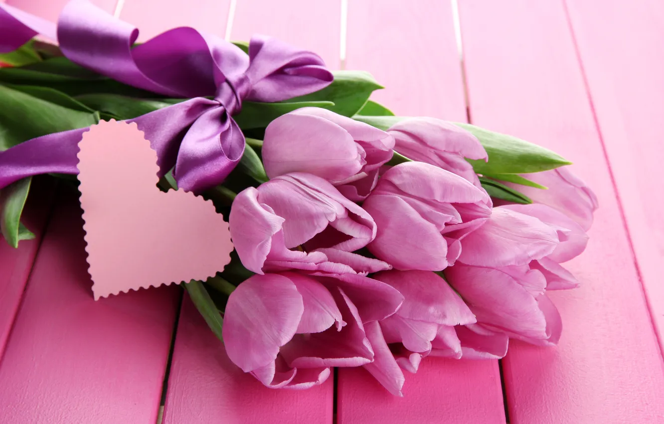 Photo wallpaper flowers, bouquet, tulips, pink, heart, wood, pink, flowers