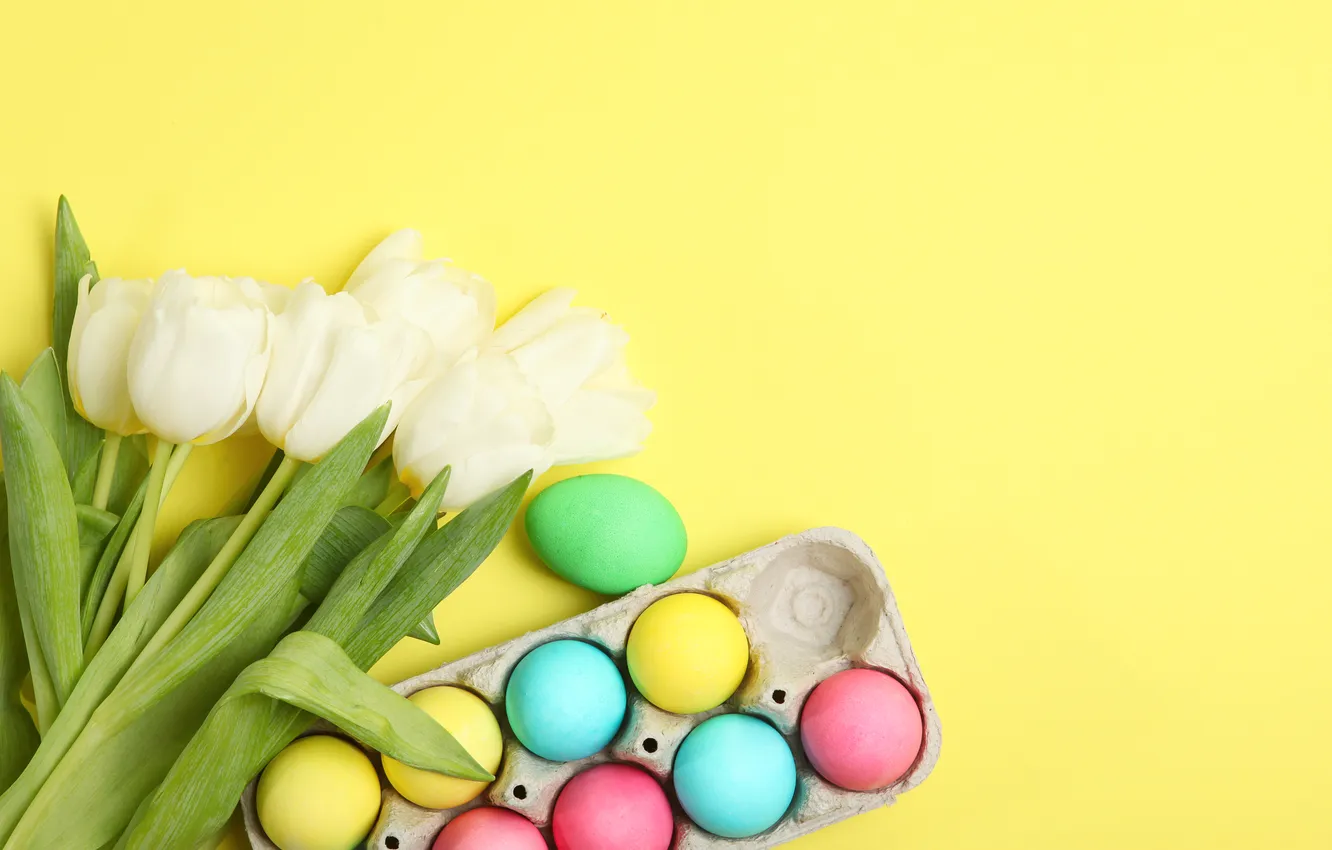 Photo wallpaper flowers, eggs, spring, colorful, Easter, tulips, wood, flowers
