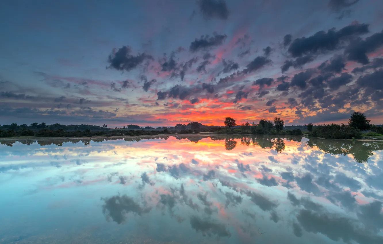 Photo wallpaper clouds, sunset, reflection, shore, pond