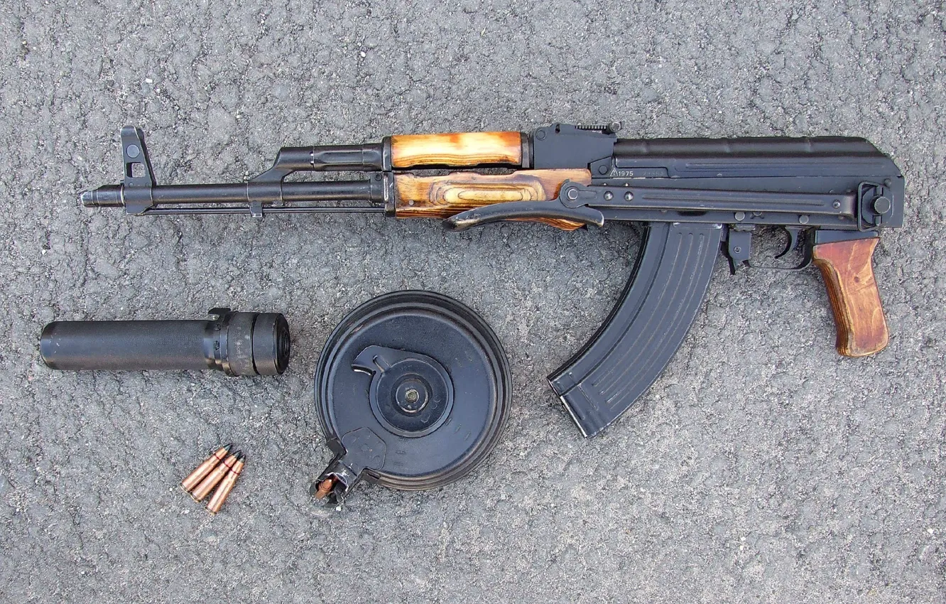 Photo wallpaper weapons, background, Kalashnikov, Machine, cartridges, shop, muffler, Kalashnikov