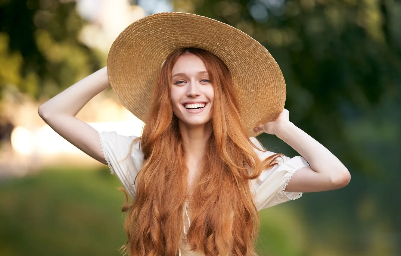 Photo wallpaper girl, pose, smile, mood, hat, hands, red, redhead