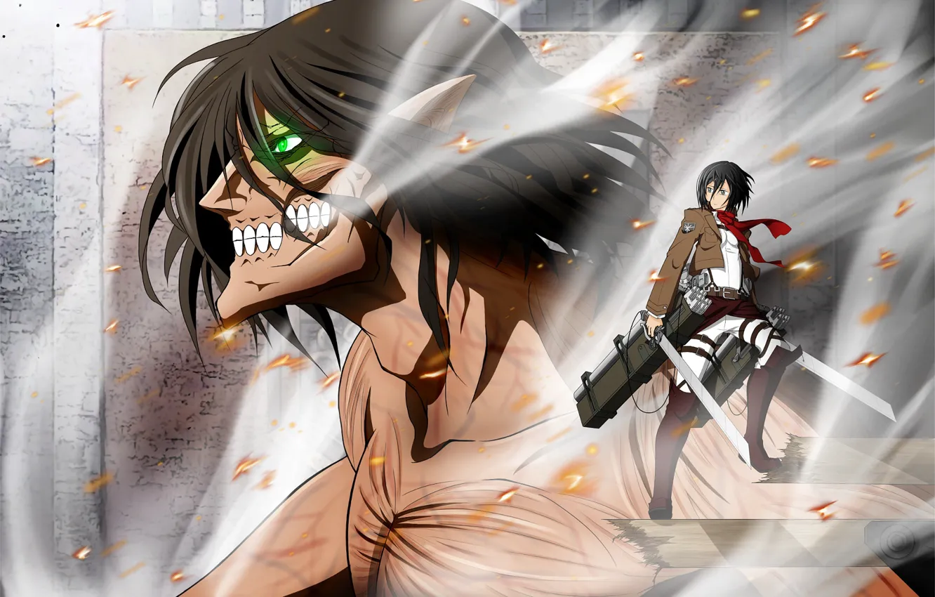 Photo wallpaper anime, art, Titan, Mikasa, Shingeki no Kyojin, Eren, Attack Of The Titans