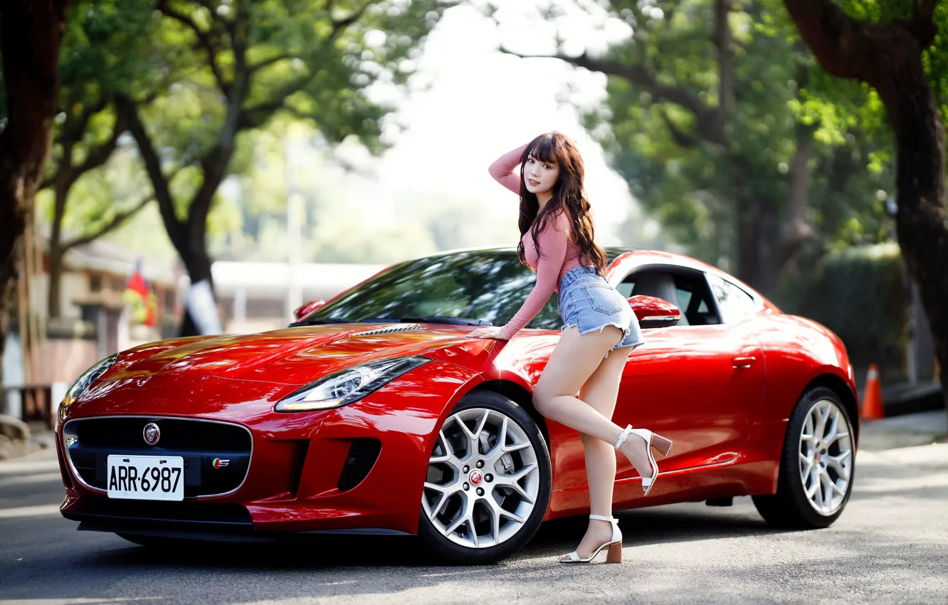 Photo wallpaper auto, girl, pose, Jaguar, Asian, cutie
