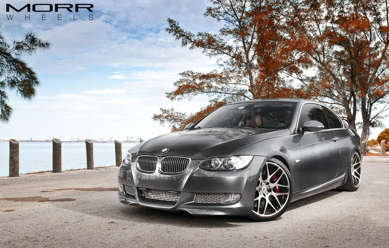 Photo wallpaper the sky, water, clouds, trees, grey, the inscription, shore, tuning