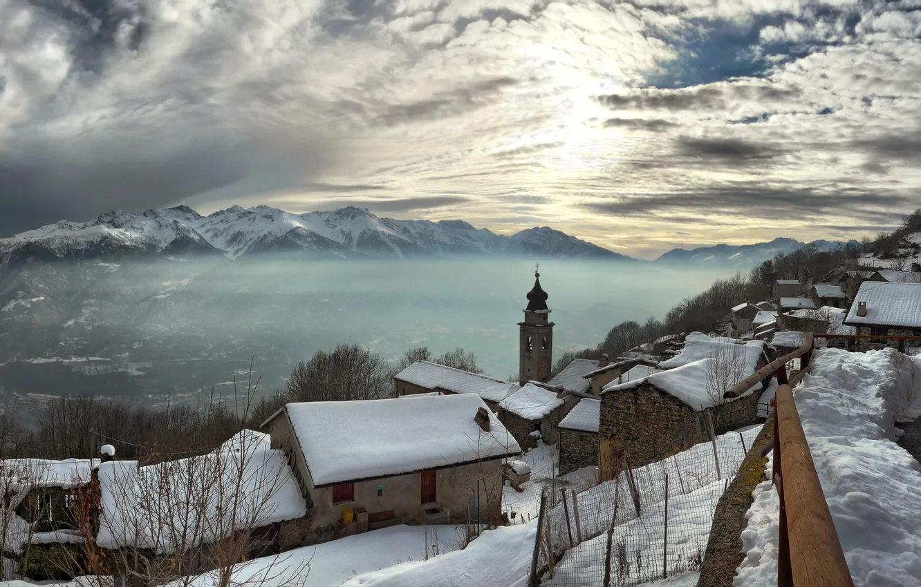 Photo wallpaper winter, the sky, landscape, mountains, the city