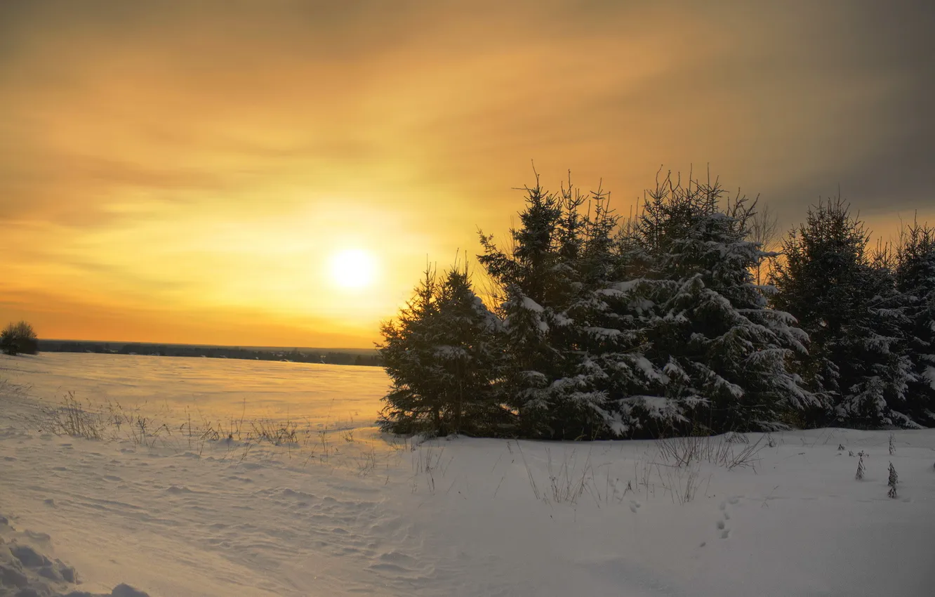 Photo wallpaper winter, the sky, snow, sunset