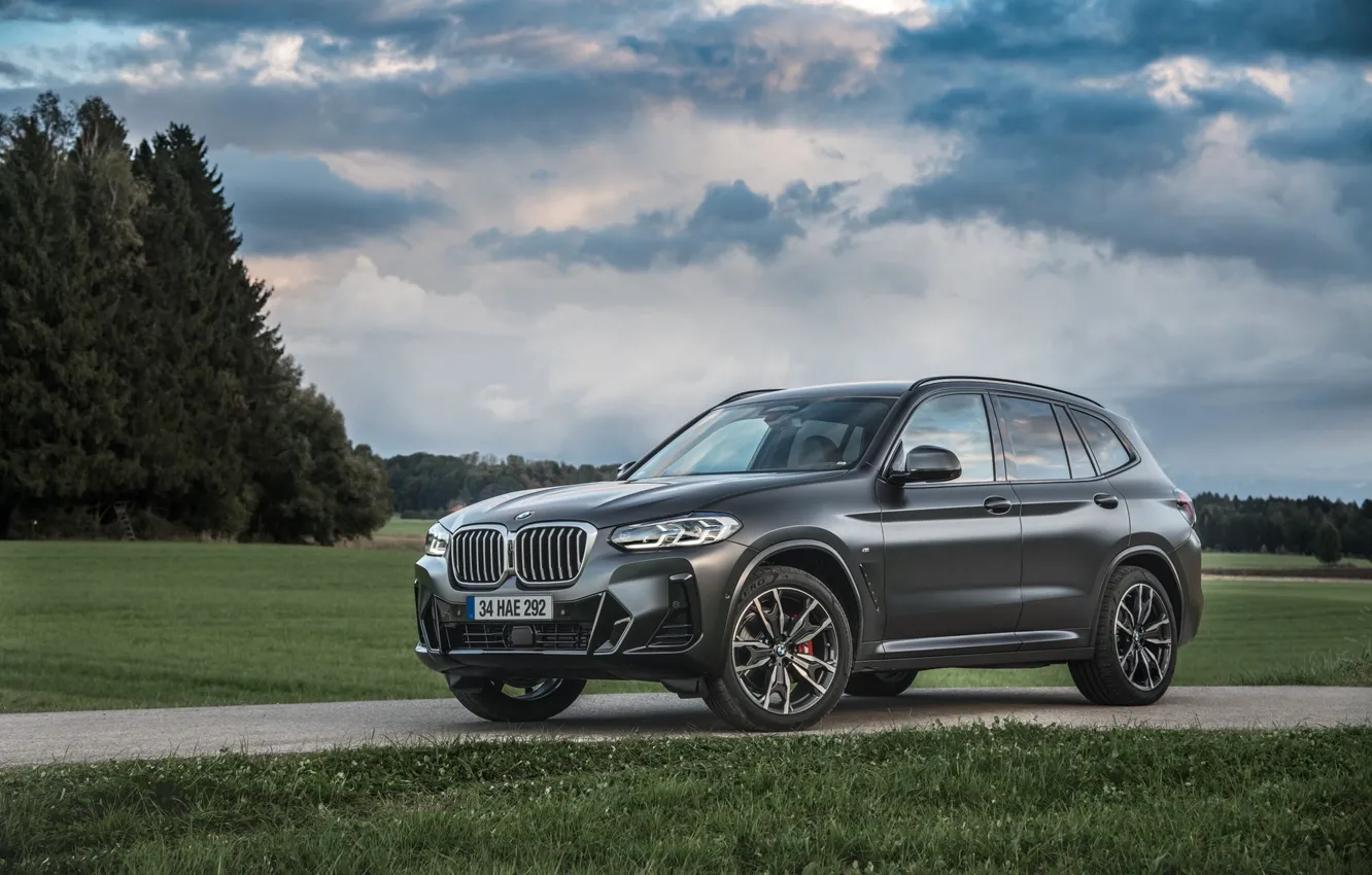 Photo wallpaper green, road, bmw x3, sky