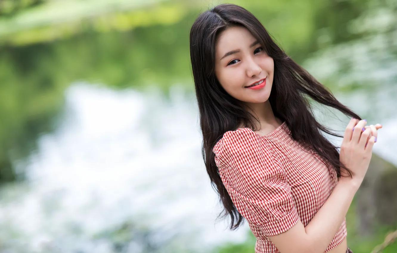 Photo wallpaper look, smile, hair, brunette, Asian, bokeh