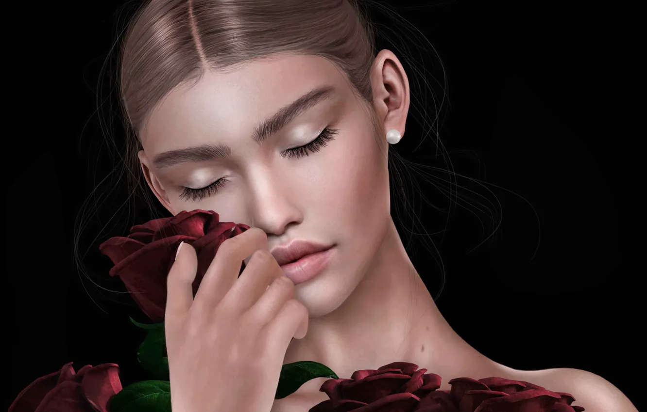 Photo wallpaper girl, face, background, roses, bouquet