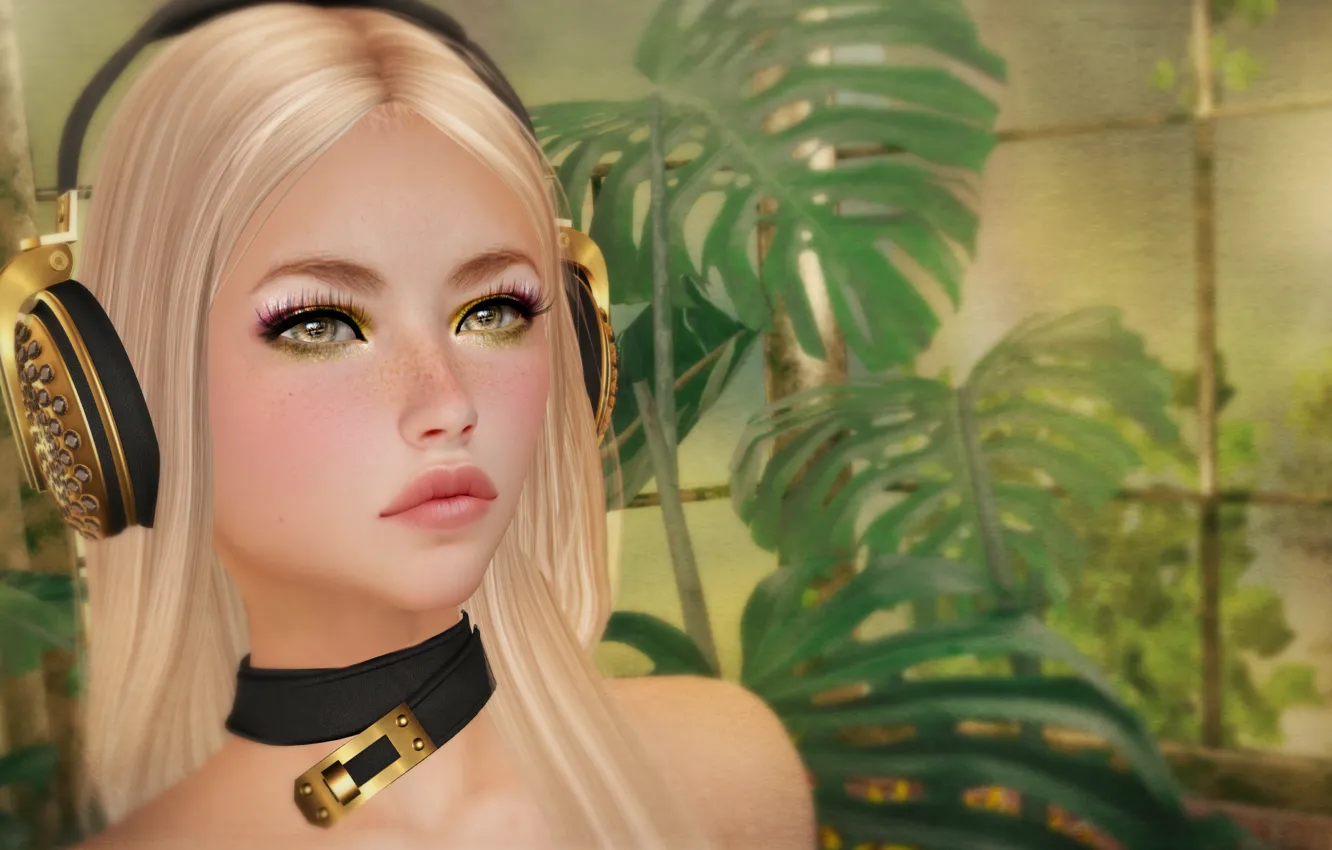 Photo wallpaper girl, face, background, headphones