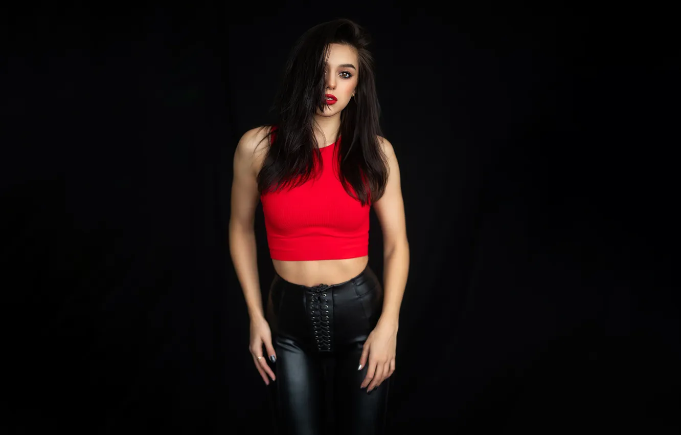 Photo wallpaper girl, studio, model, brunette, black background, makeup, red lipstick, simple background