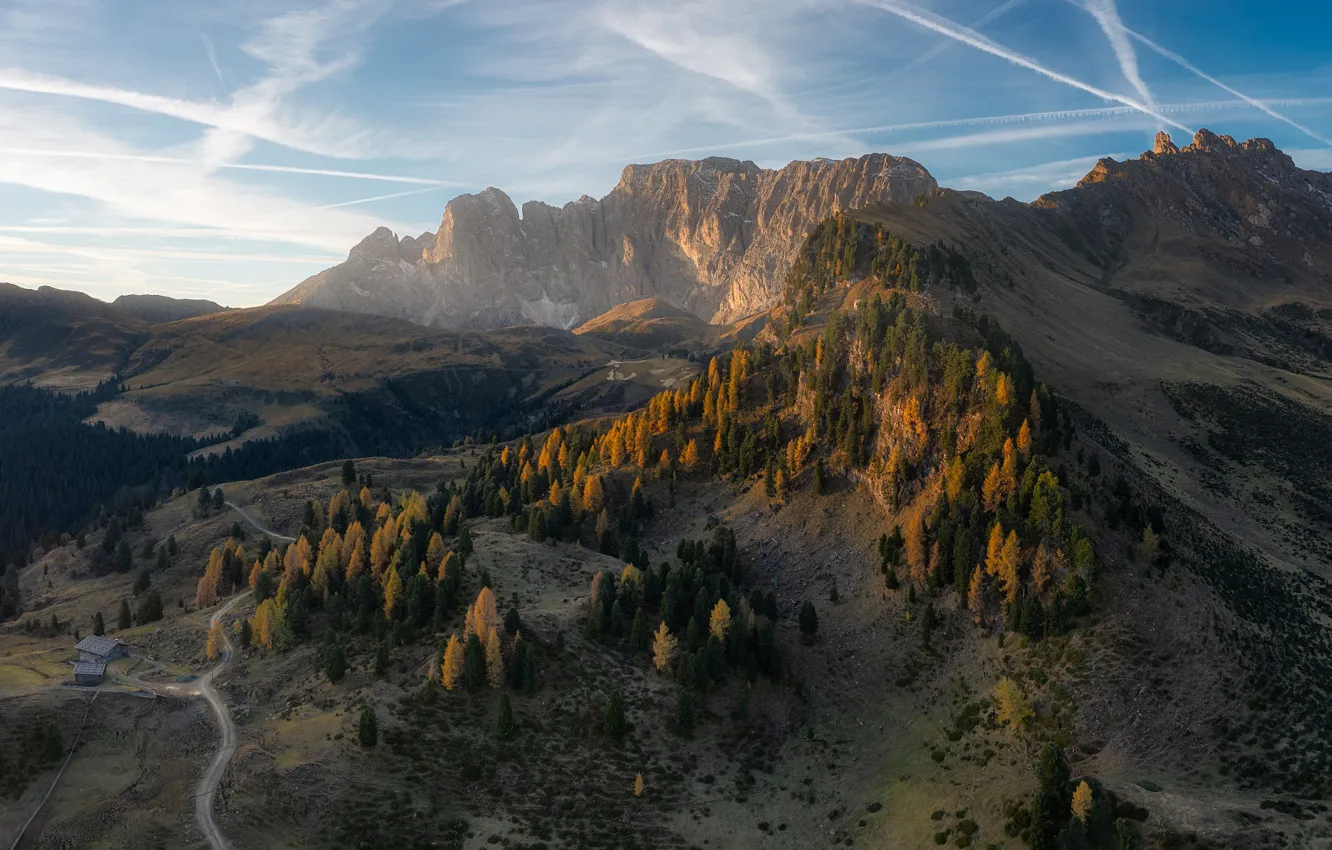 Photo wallpaper autumn, forest, mountains, rocks, the slopes, Alps, houses