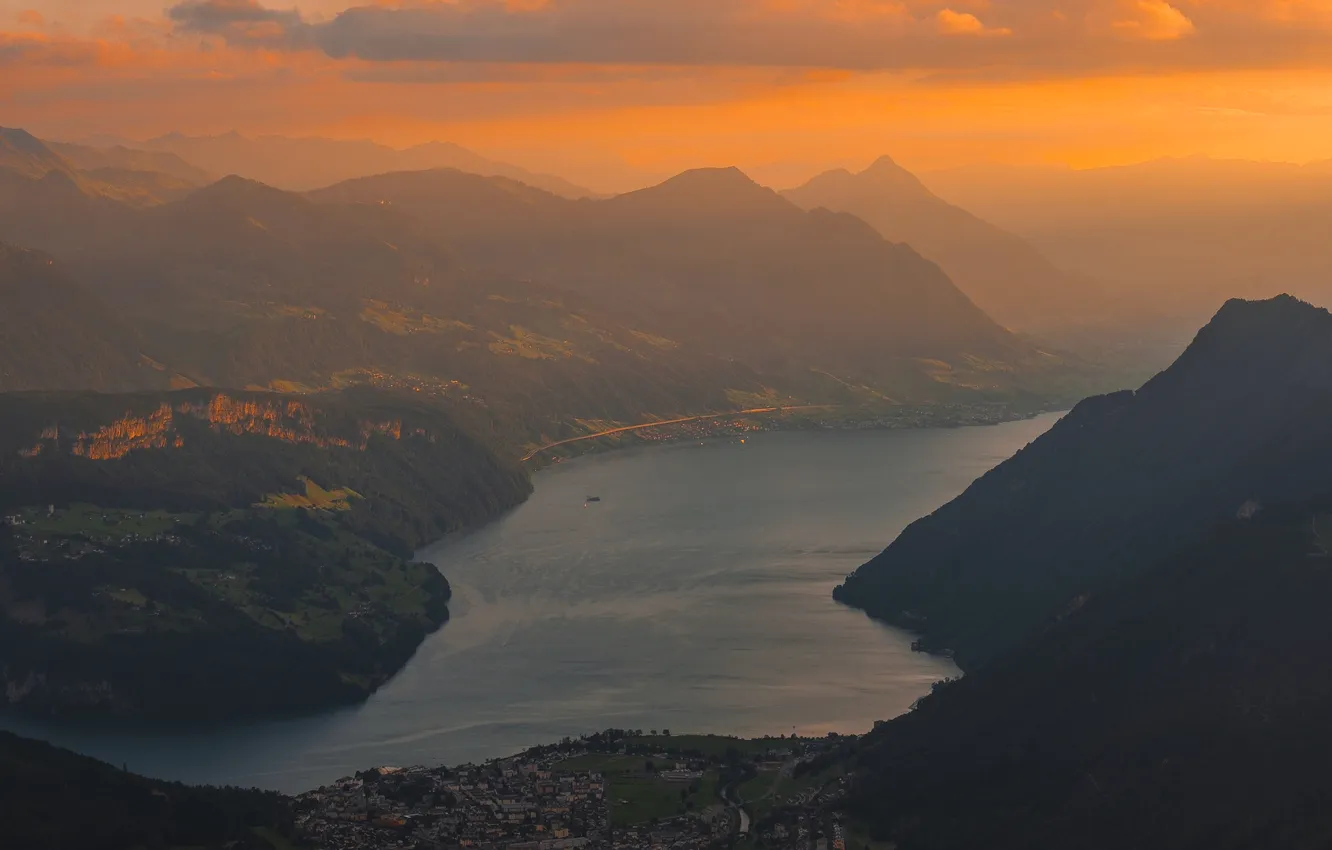 Photo wallpaper sunset, mountains, river, panorama, Switzerland, Grosser Mythen, Marcel Bisig