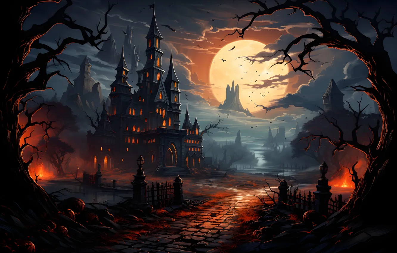Photo wallpaper road, clouds, trees, night, lights, the moon, home, Halloween