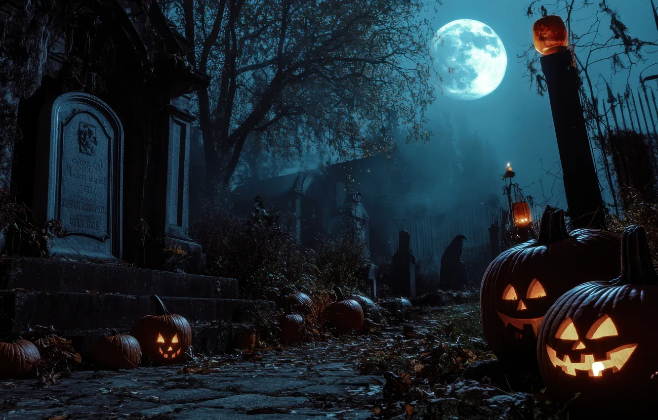 Photo wallpaper trees, night, the moon, cemetery, Halloween, pumpkin, Halloween, horror