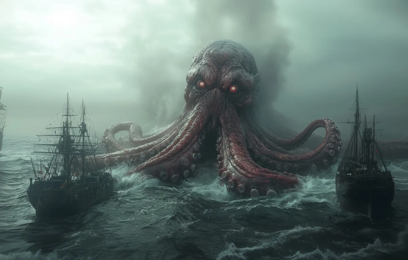 Photo wallpaper Sea, Fog, Eyes, Sailboats, Ships, Digital art, Sea monster, AI art