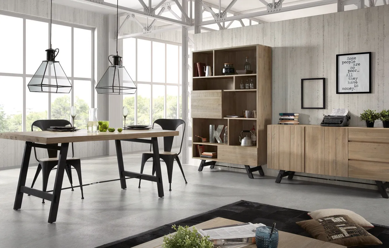 Photo wallpaper design, style, interior, living room, decor, dining room, industrial style furniture