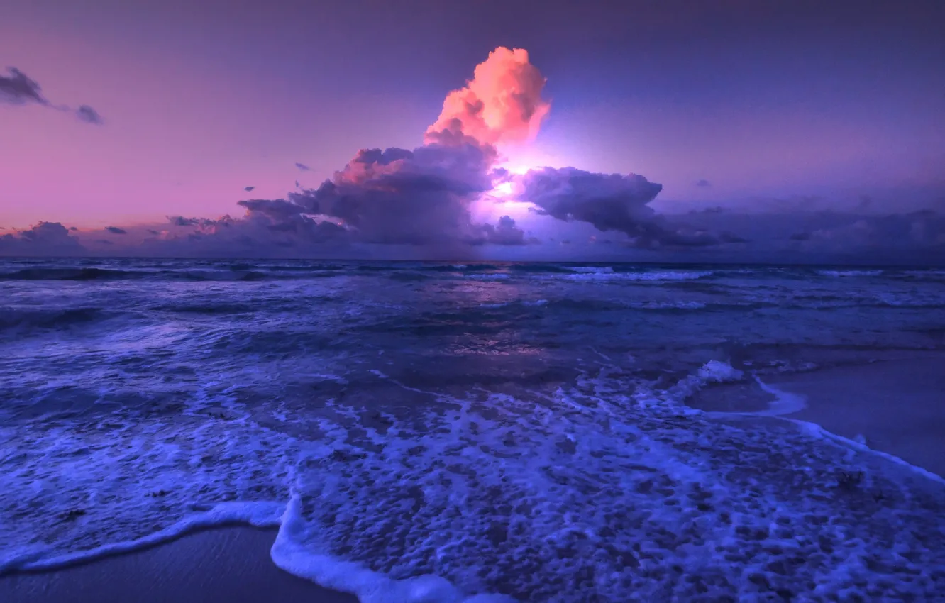 Photo wallpaper sea, clouds, shore, glow