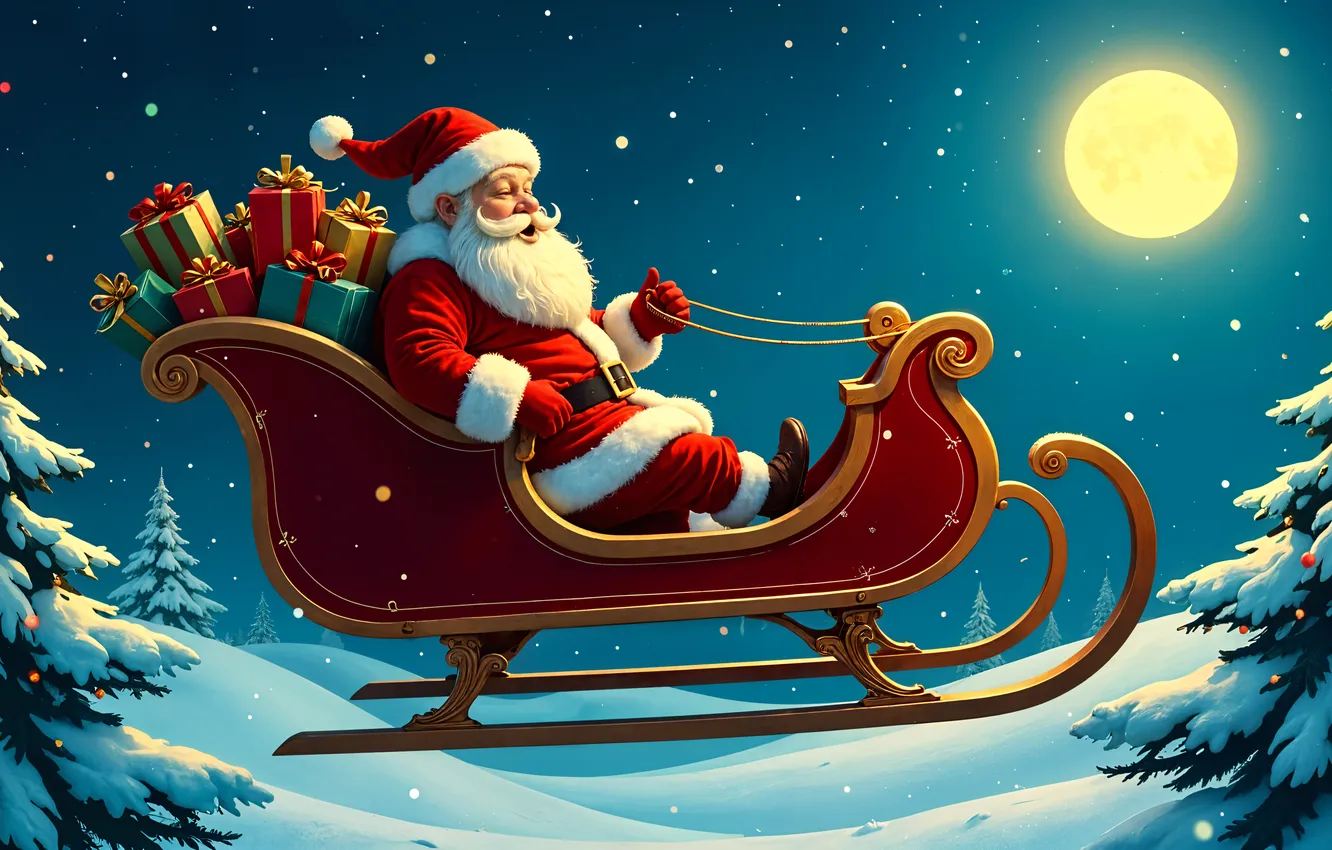 Photo wallpaper winter, night, gift, the moon, tree, new year, Christmas, sleigh