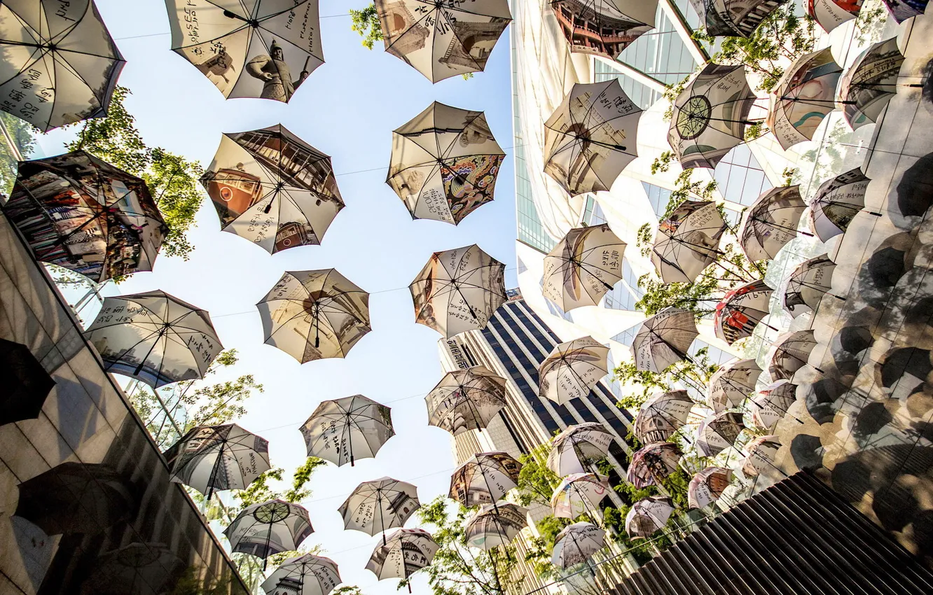 Photo wallpaper the sky, flight, skyscrapers, umbrella