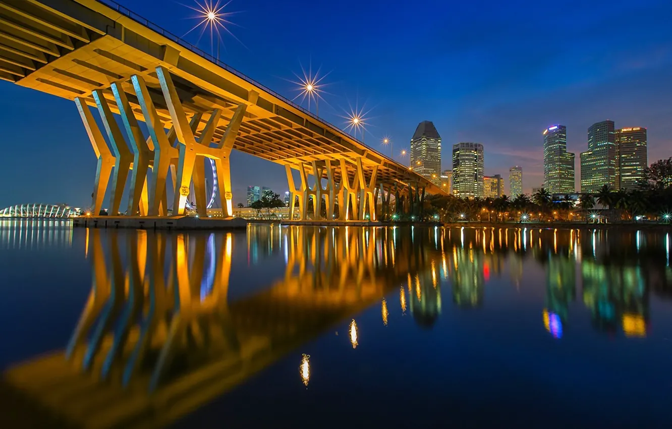 Photo wallpaper bridge, lights, river, home, twilight
