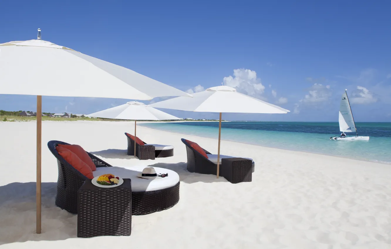 Photo wallpaper beach, umbrella, ideal, the ocean, stay, vacation, relax, fruit