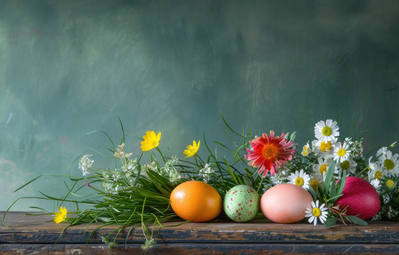 Photo wallpaper flowers, holiday, eggs, spring, Easter, painted, eggs, Easter