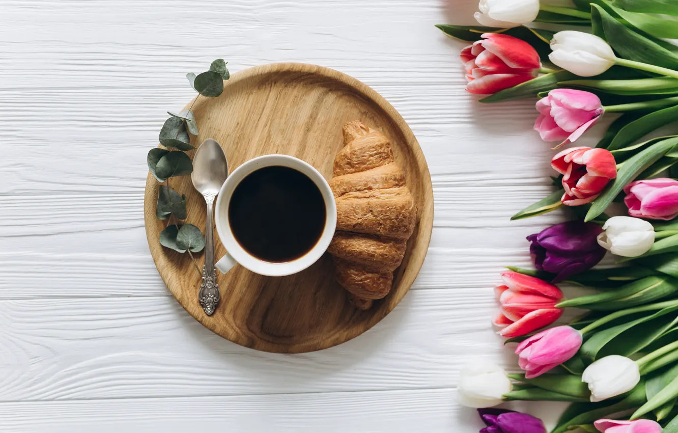 Photo wallpaper flowers, coffee, Breakfast, Cup, tulips, pink, white, heart