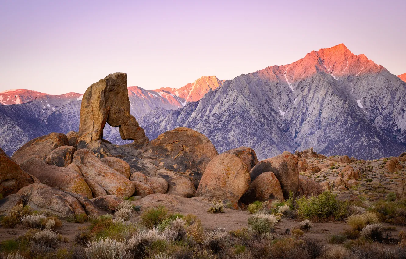 Photo wallpaper landscape, sunset, mountains, nature, stones, CA, USA, Sierra
