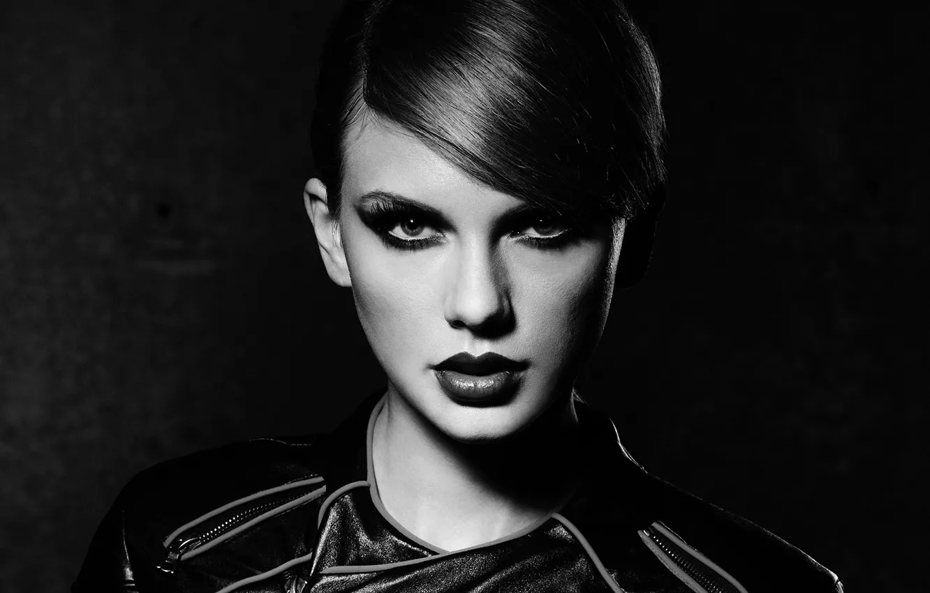 Photo wallpaper look, girl, light, face, makeup, Taylor Swift, Black and white